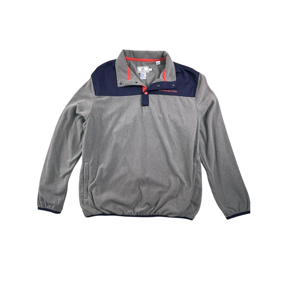 Southern Tide Mens Gray Navy Fleece 1/4 Snap Pullover Long Sleeve Shirt L